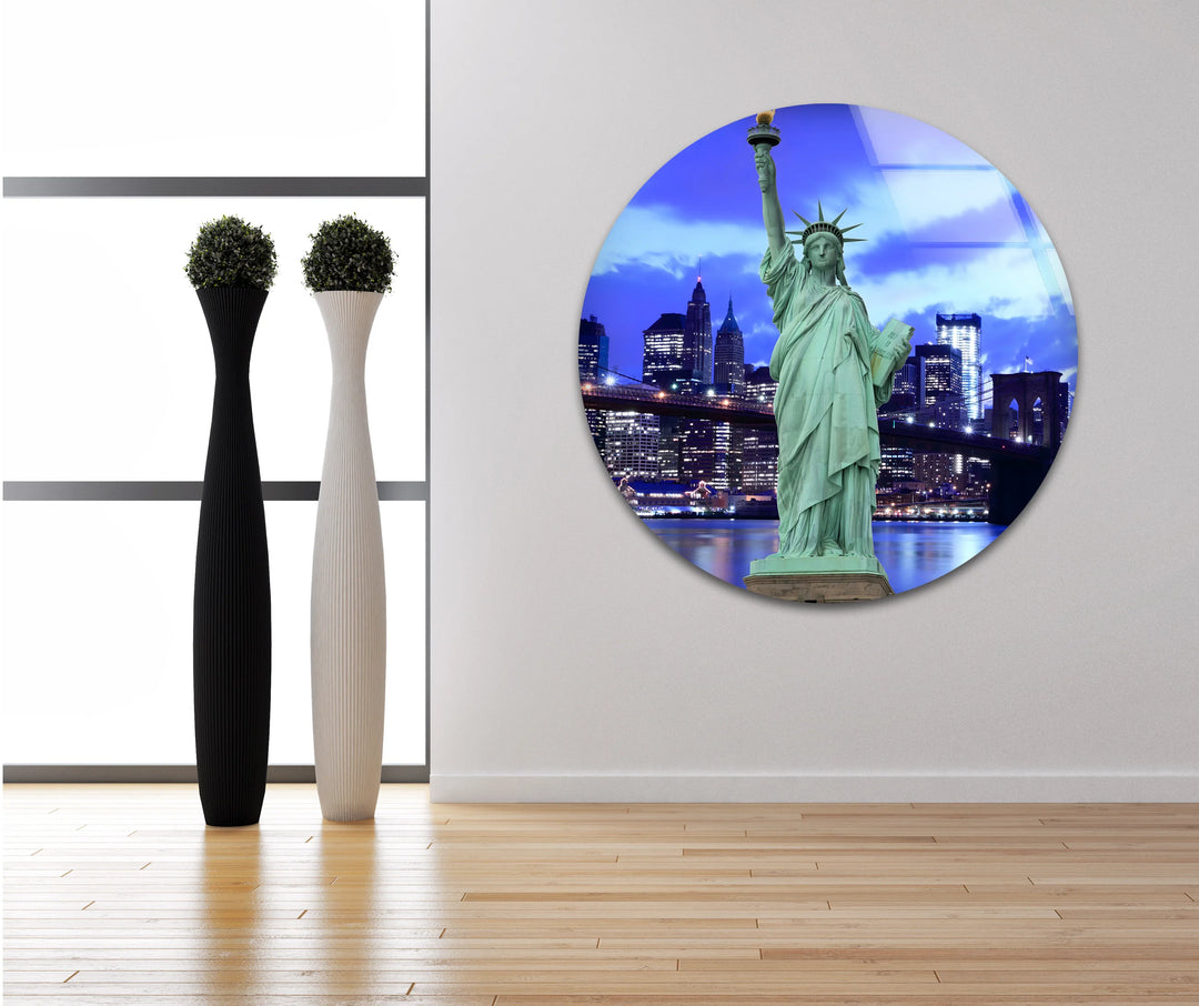 Statue of Liberty Glass Wall Art – Iconic New York Landmark with Brooklyn Bridge View at Night - MyPhotoStation