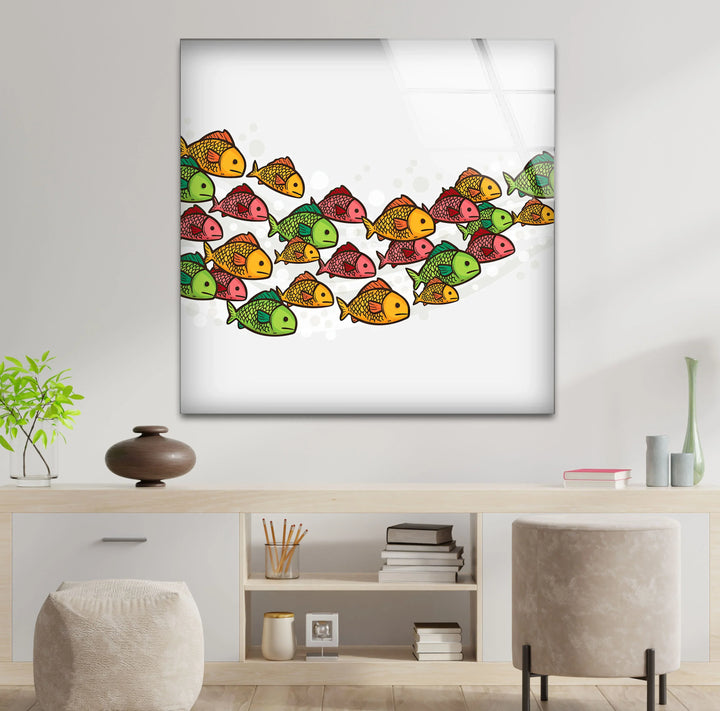 Colorful Fish Pattern Wall Art – Playful Glass Print for Kids’ Rooms, Bathrooms, and Coastal Interiors - MyPhotoStation