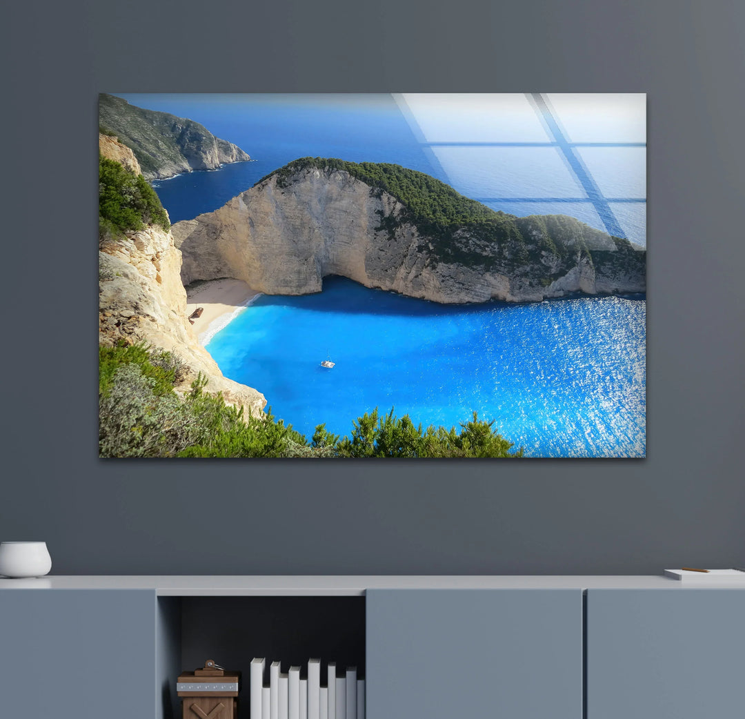 Navagio Beach Wall Art – Stunning Blue Coast Glass Print of Zakynthos Bay for Coastal and Modern Interiors - MyPhotoStation