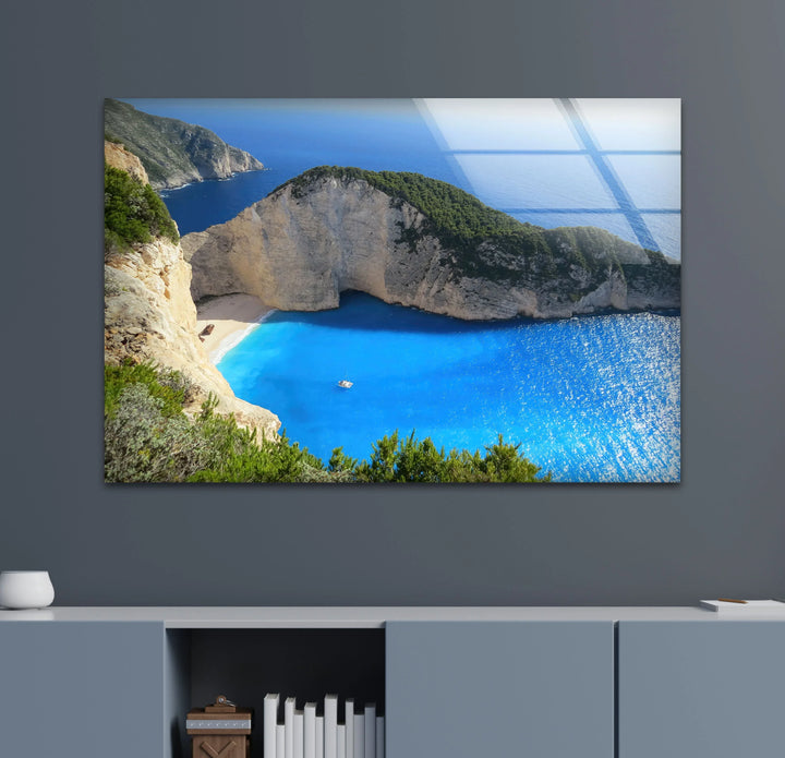 Navagio Beach Wall Art – Stunning Blue Coast Glass Print of Zakynthos Bay for Coastal and Modern Interiors - MyPhotoStation