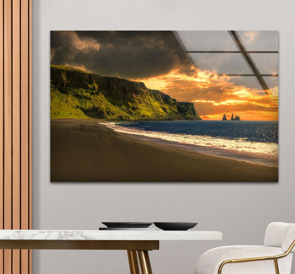 Sunset Cliffs Coastal Wall Art – Iceland Beach Landscape Glass Print - MyPhotoStation