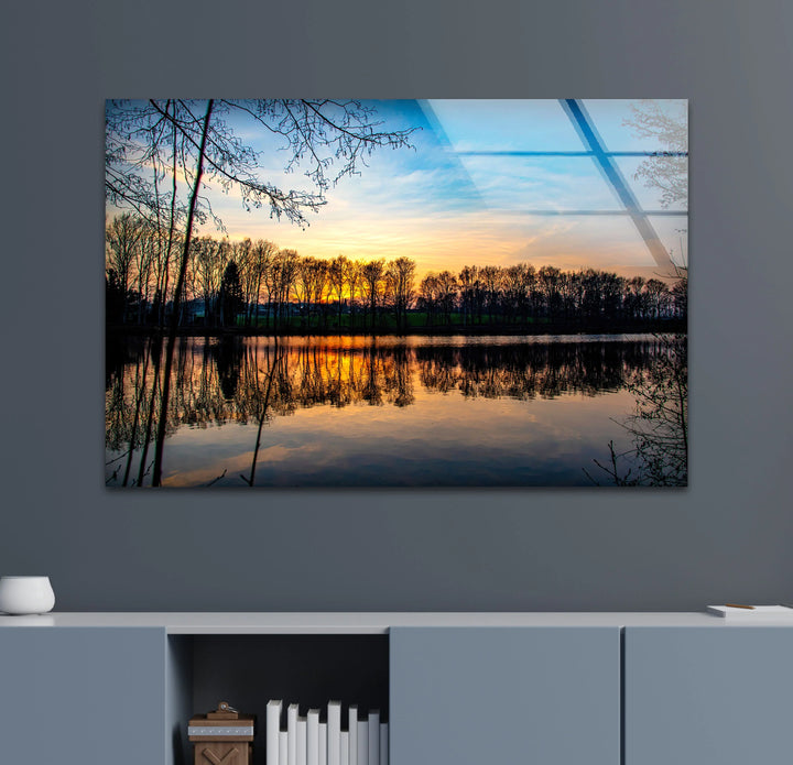 Sunset Forest Reflection Wall Art – Tranquil Lake Glass Print for Nature-Inspired Interiors - MyPhotoStation