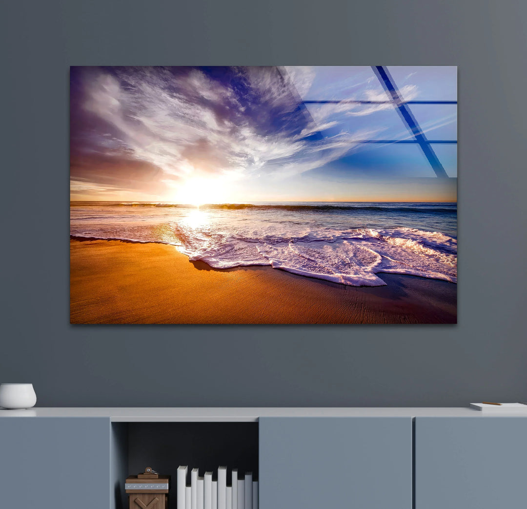 Golden Sunrise Beach Wall Art – Serene Ocean Glass Print for Coastal and Relaxing Interiors - MyPhotoStation