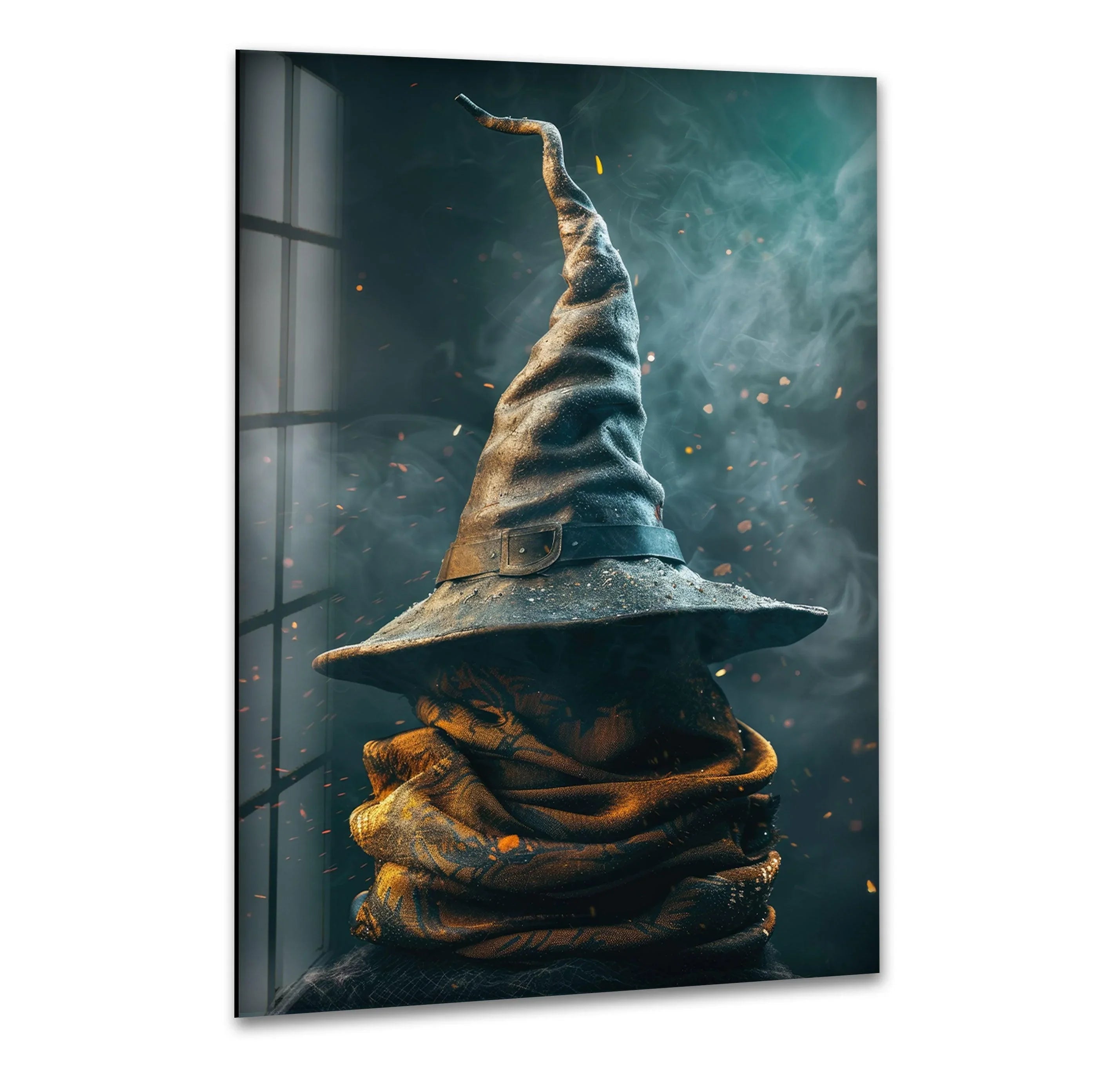 A mystical wizard hat with a pointed, weathered brim and leather strap, resting atop a textured cloak in a smoky, magical setting with glowing embers.