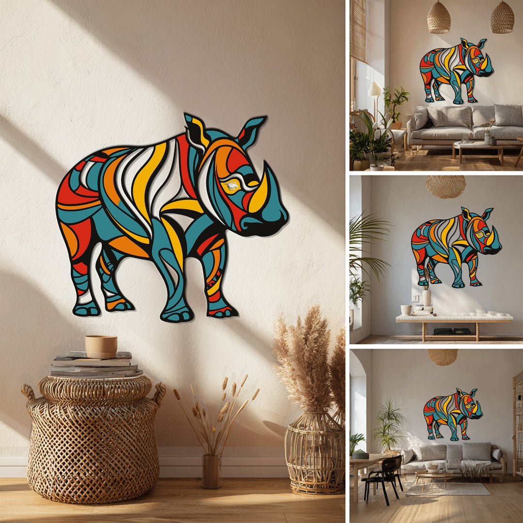 Abstract Rhino Metal Wall Art – Vibrant Geometric Animal Decor