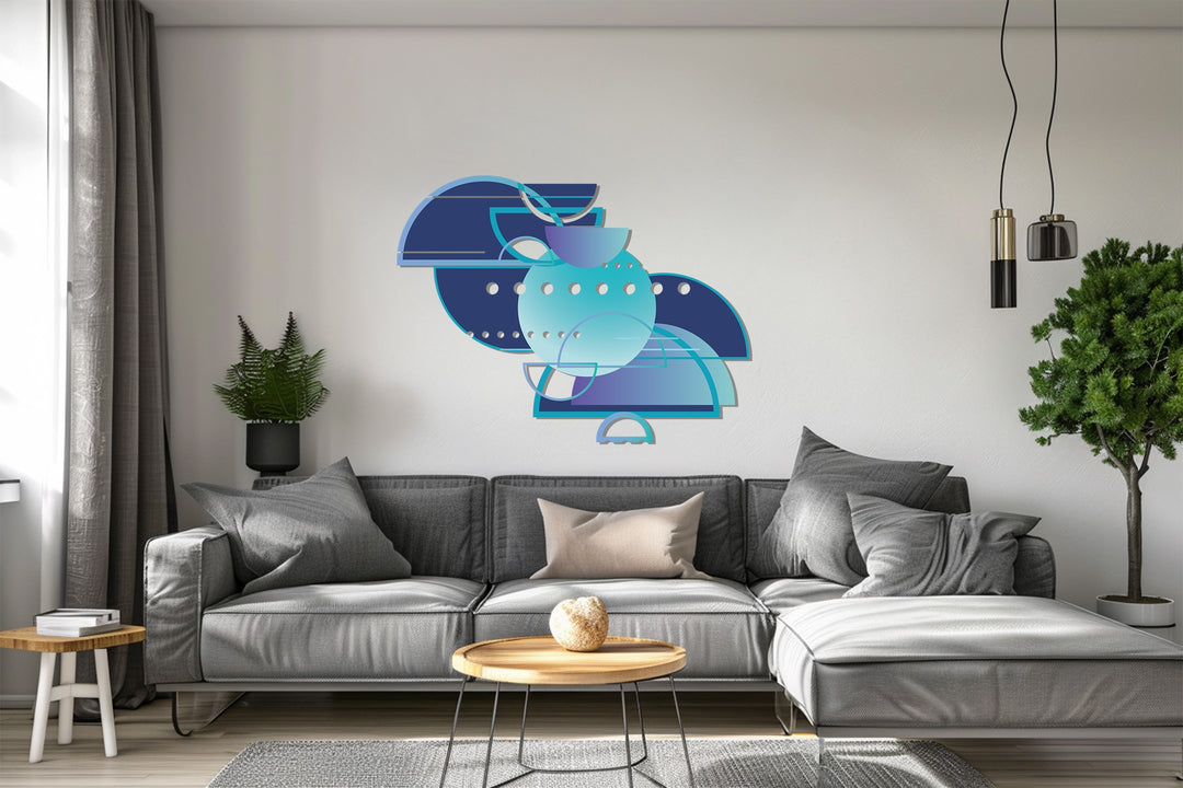 Metal geometric art piece with layered blue and teal patterns