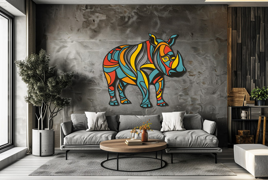 Vibrant animal metal wall decor with teal and orange shapes