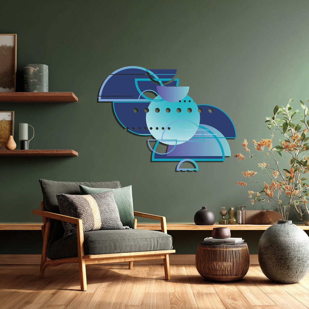 Modern minimalist metal wall decor in navy and turquoise hues