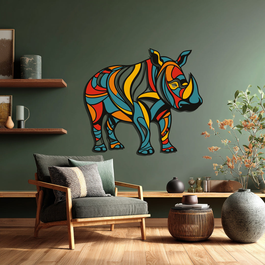 Abstract Rhino Metal Wall Art – Vibrant Geometric Animal Decor
