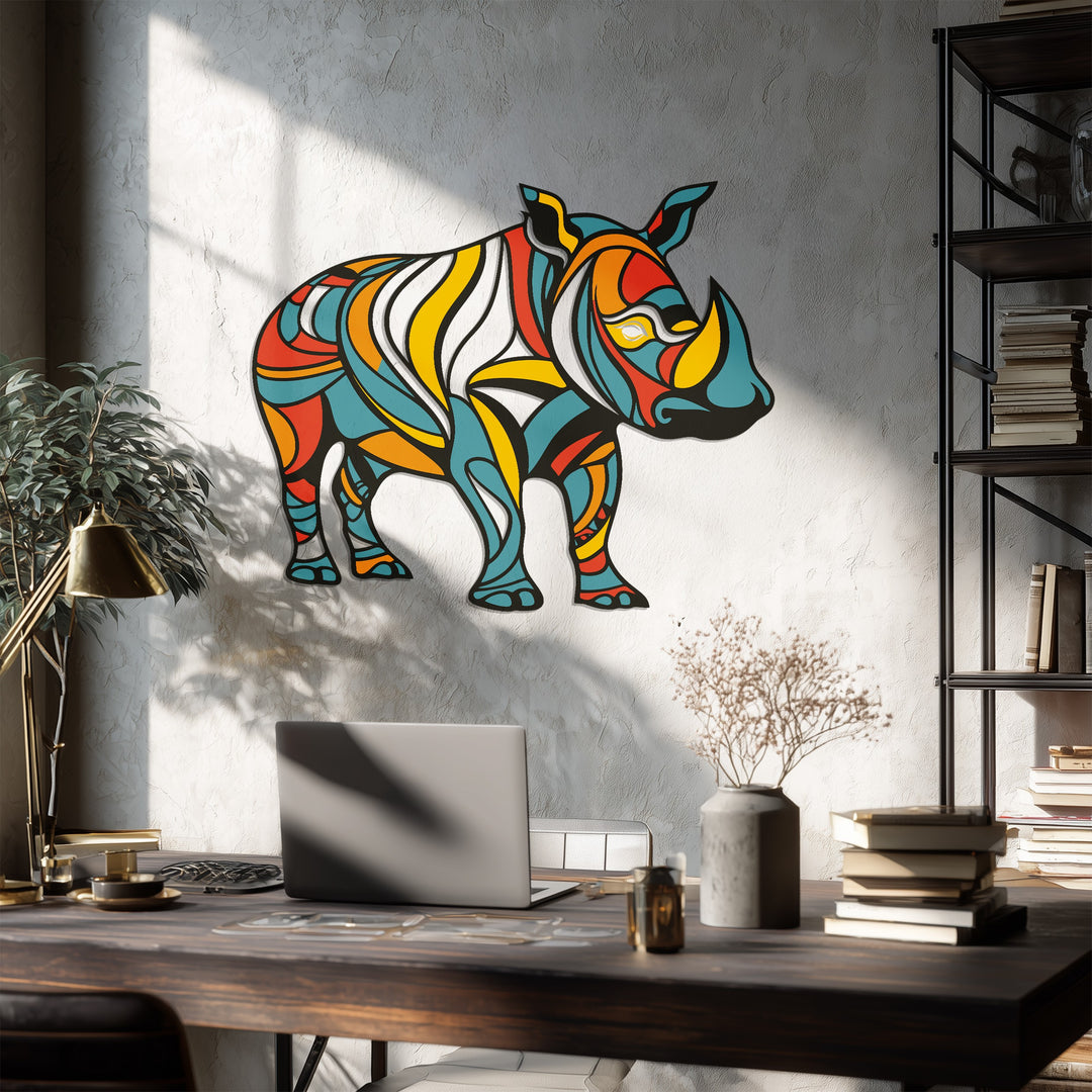 Abstract Rhino Metal Wall Art – Vibrant Geometric Animal Decor