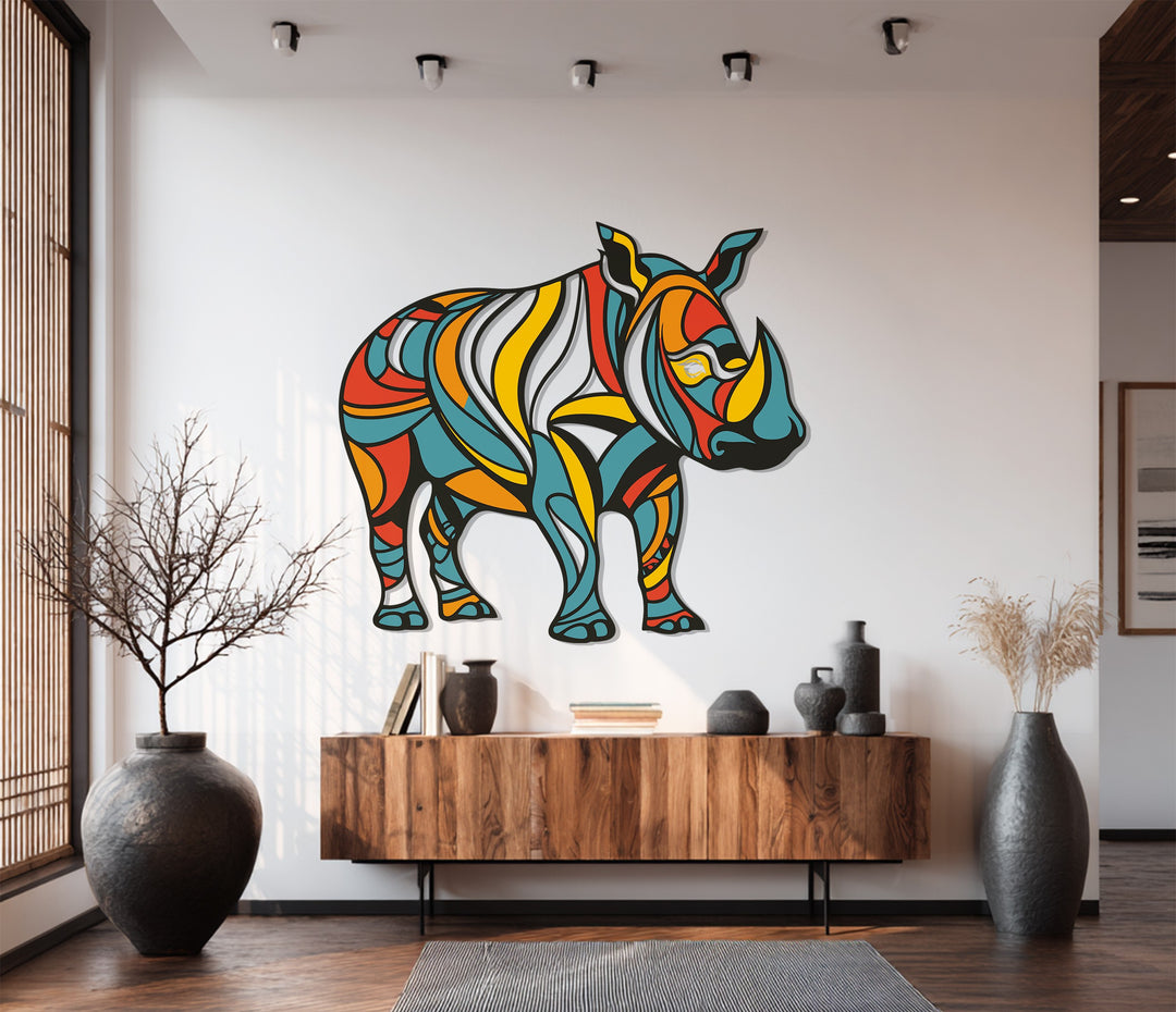 Abstract Rhino Metal Wall Art – Vibrant Geometric Animal Decor