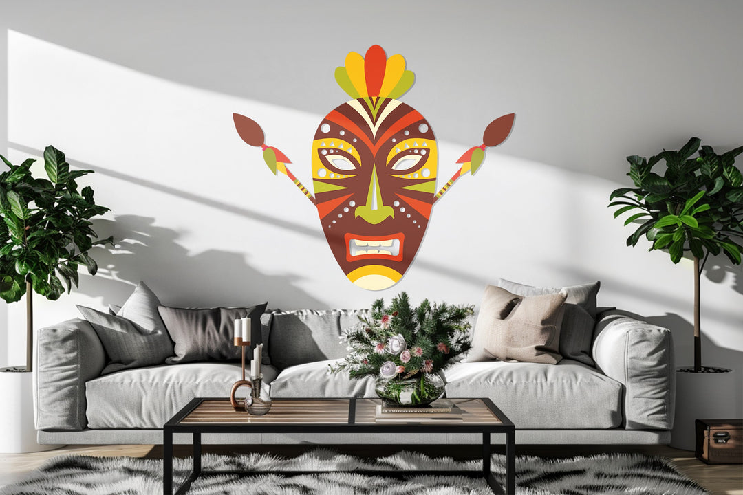 Modern tribal metal wall sculpture with ethnic geometric details