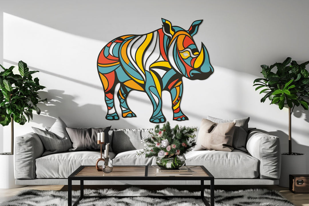 Abstract Rhino Metal Wall Art – Vibrant Geometric Animal Decor