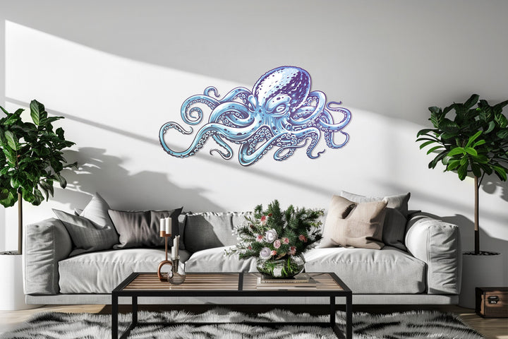 Coastal octopus wall sculpture in vibrant blue ocean tones