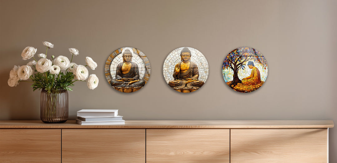 Serene Enlightenment Set – Buddha Mosaic Round Glass Wall Art Collection