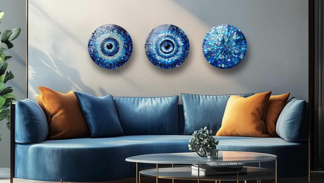 Blue Mosaic Harmony – Evil Eye Inspired Round Glass Wall Art Set