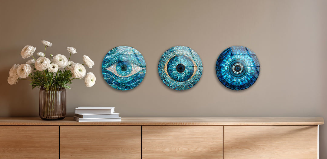 Blue Mosaic Protection Trio – Evil Eye Round Glass Wall Art Set
