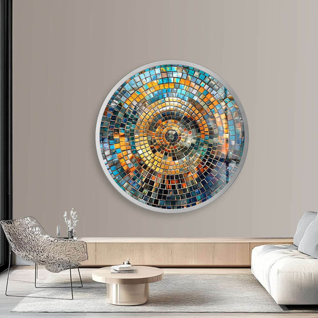 Aurora Mosaic – Radiant Blue and Gold Round Glass Wall Art