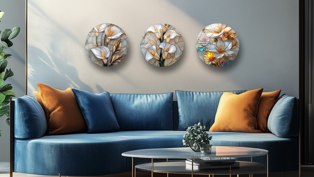 Golden Blossom Harmony – Elegant Floral Round Glass Wall Art Set