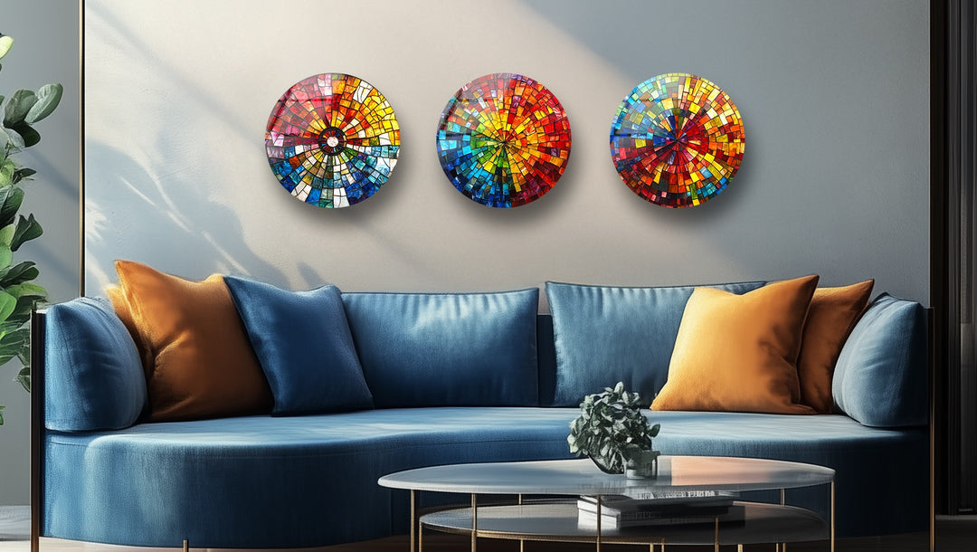 Radiant Spectrum – Color Burst Mosaic Round Glass Wall Art Set