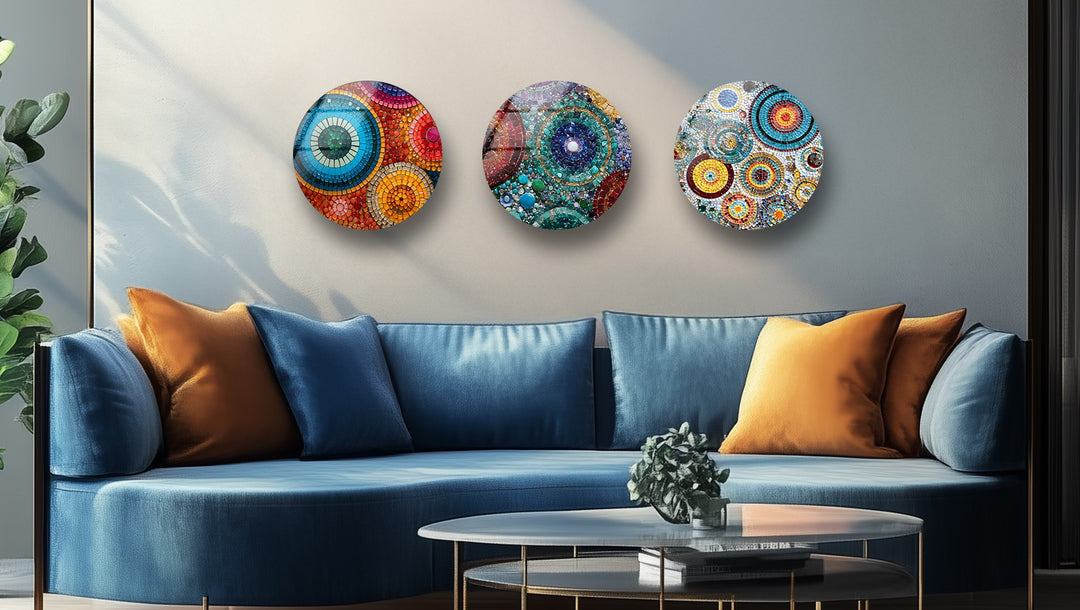 Radiant Mosaic Circles – Colorful Abstract Round Glass Wall Art Set