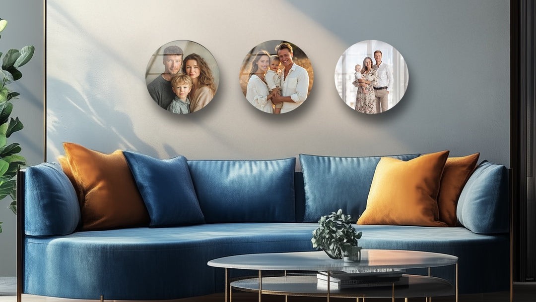 Personalized Family Photo Round Glass Wall Art Set – Custom Modern Design