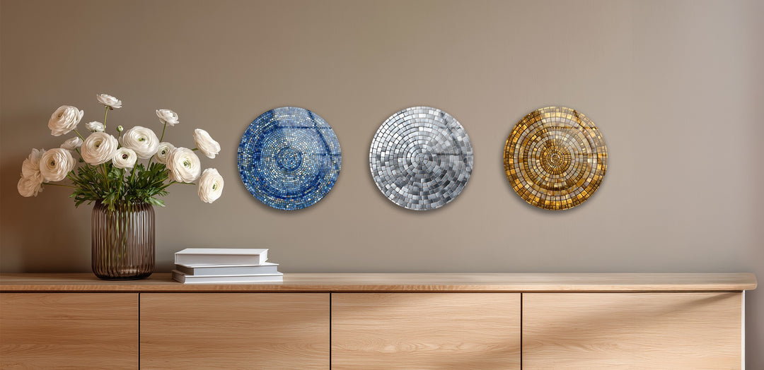 Radiant Reflections Trio – Gold & Silver Mosaic Round Glass Wall Art Set