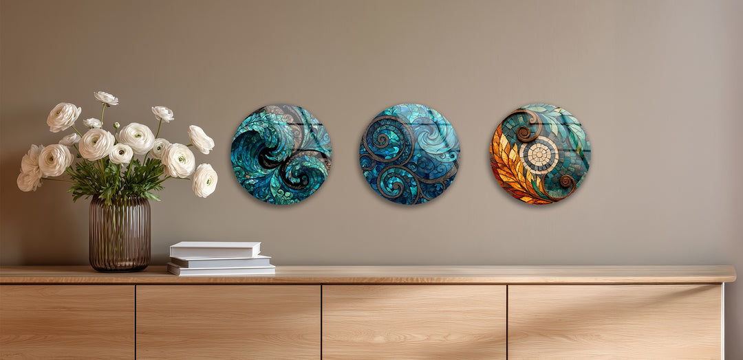 Ocean Harmony Quartet – Abstract Swirl Mosaic Round Glass Wall Art Set