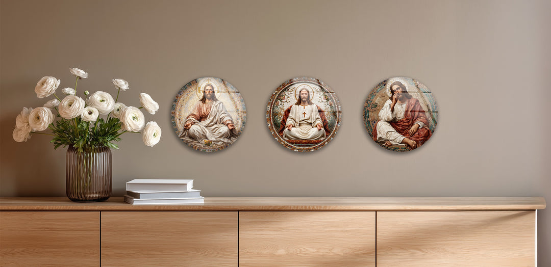 Sacred Grace Collection – Jesus Christ Mosaic Round Glass Wall Art Set