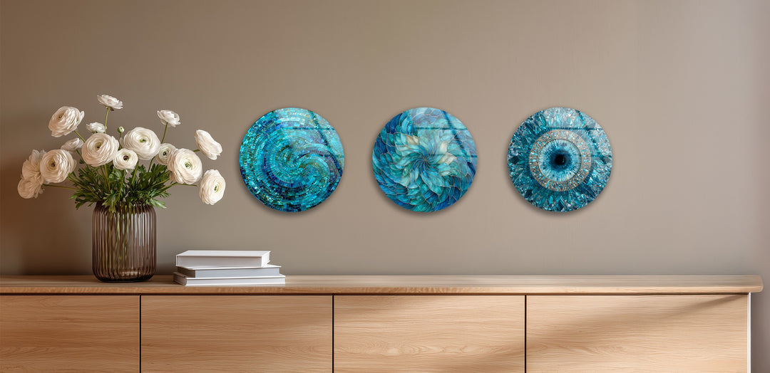 Tranquil Reflections Trio – Blue Mosaic & Buddha Round Glass Wall Art Set
