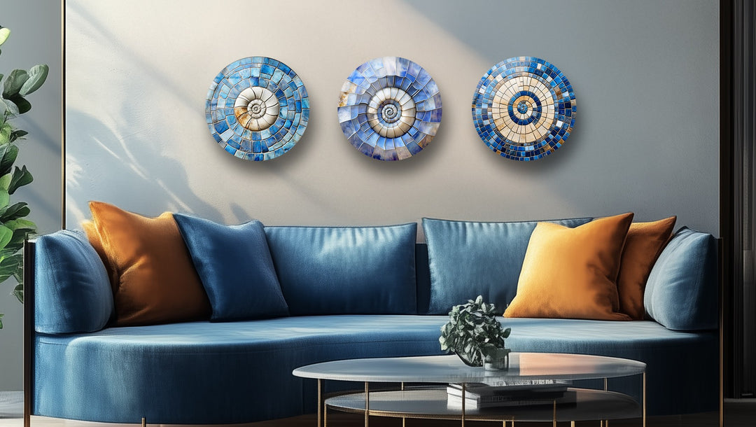 Azure Spiral Harmony – Blue Mosaic Round Glass Wall Art Set