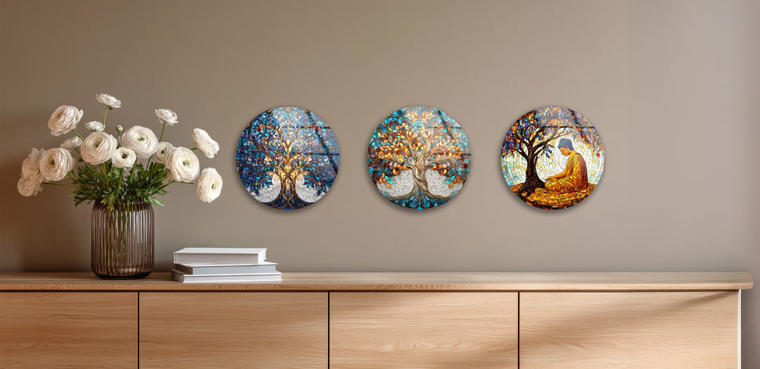 Golden Harmony Trees – Round Glass Wall Art Set