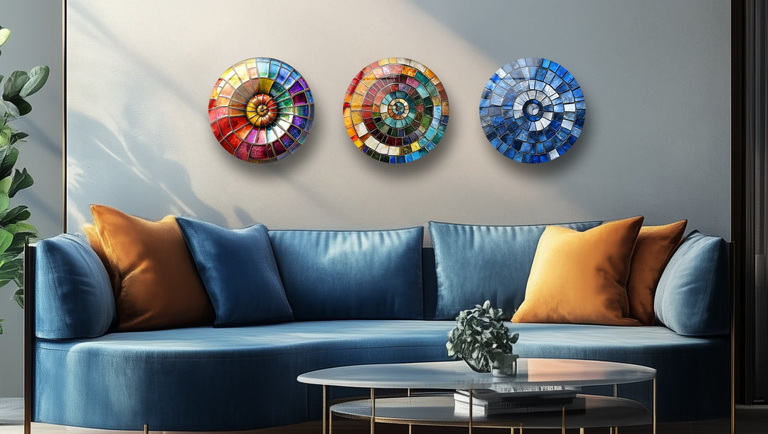 Radiant Spectrum – Colorful Mosaic Round Glass Wall Art Set