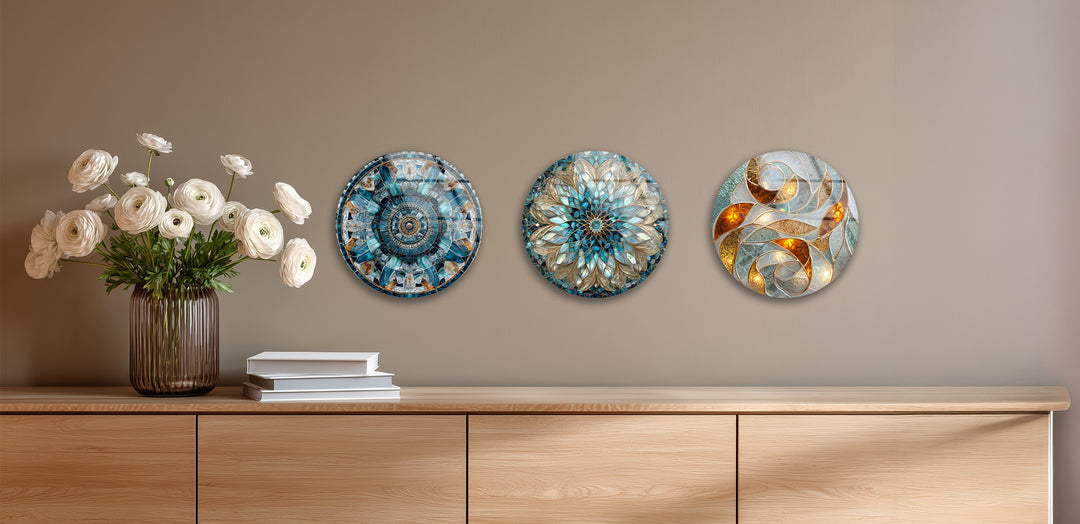 Golden Harmony Trio – Abstract Mosaic Round Glass Wall Art Set