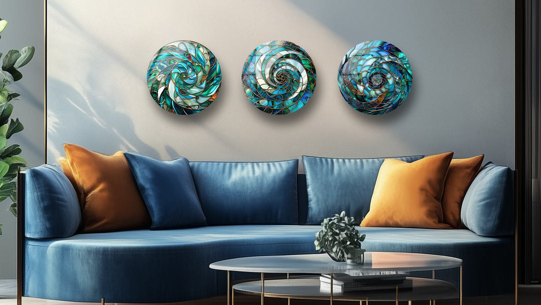 Aqua Spiral Essence – Abstract Ocean Mosaic Round Glass Wall Art Set