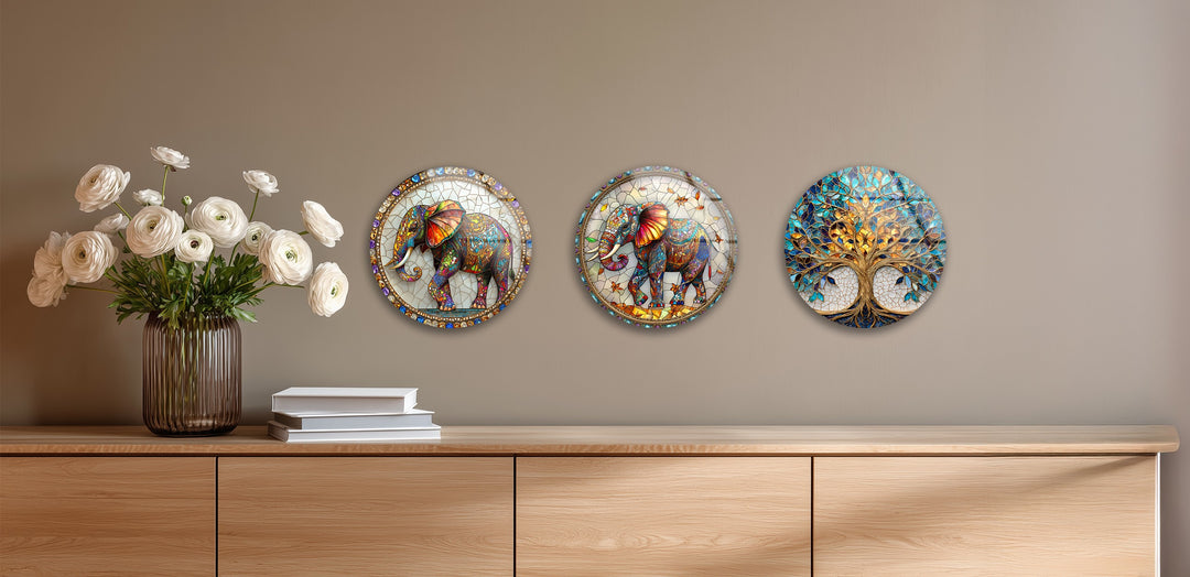 Eternal Wisdom Trio – Elephant & Tree of Life Round Glass Wall Art Set