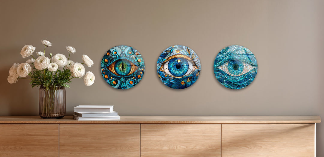Mystic Vision Trio – Blue Evil Eye Mosaic Round Glass Wall Art Set