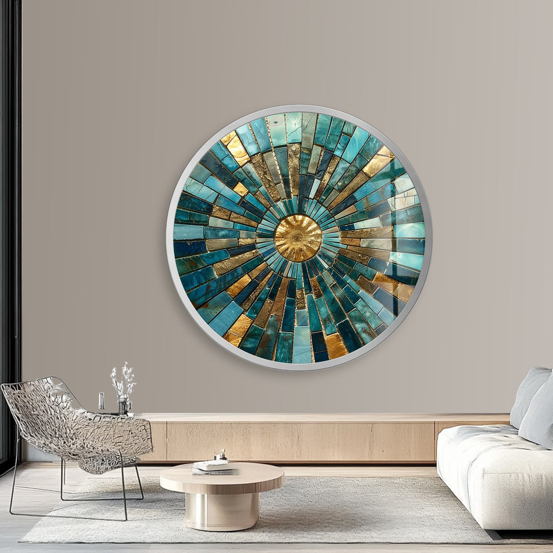 Golden Horizon – Turquoise Mosaic Round Glass Wall Art