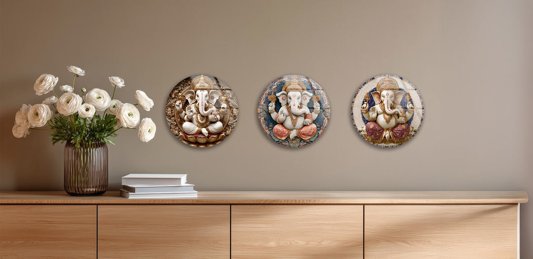 Divine Prosperity Trio – Lord Ganesha Round Glass Wall Art Set