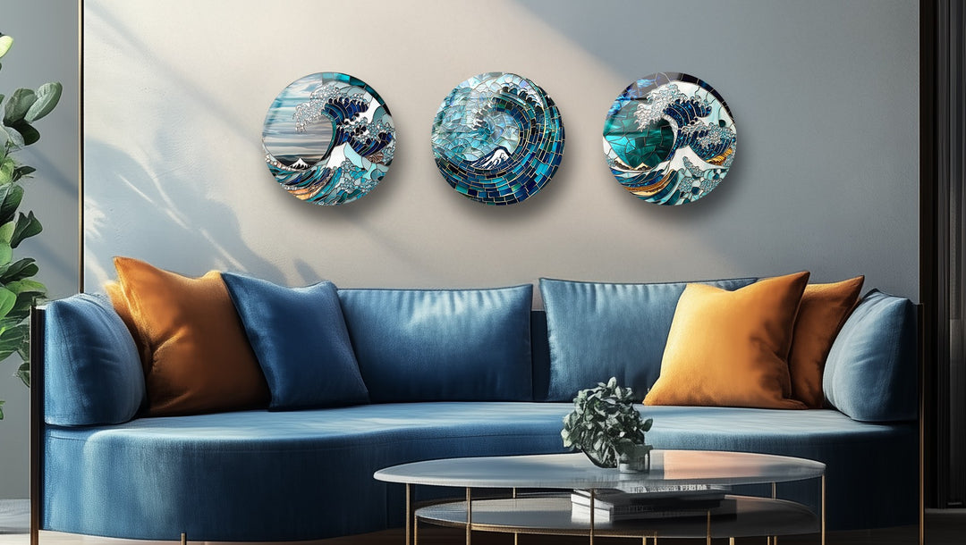 Oceanic Waves – Mosaic Sea-Inspired Round Glass Wall Art Set