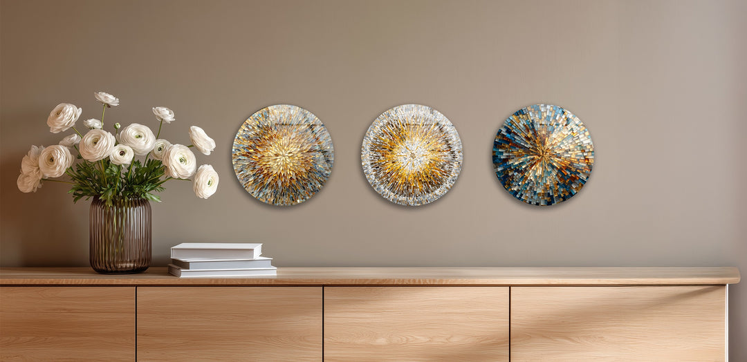Golden Radiance Quartet – Sunburst Mosaic Round Glass Wall Art Set