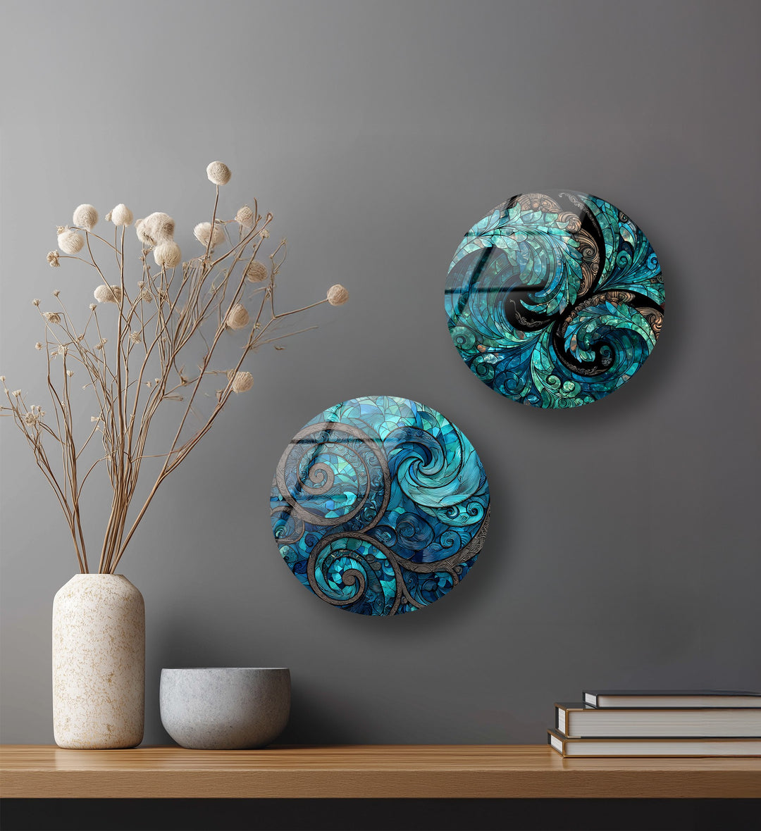 Ocean Harmony Quartet – Abstract Swirl Mosaic Round Glass Wall Art Set