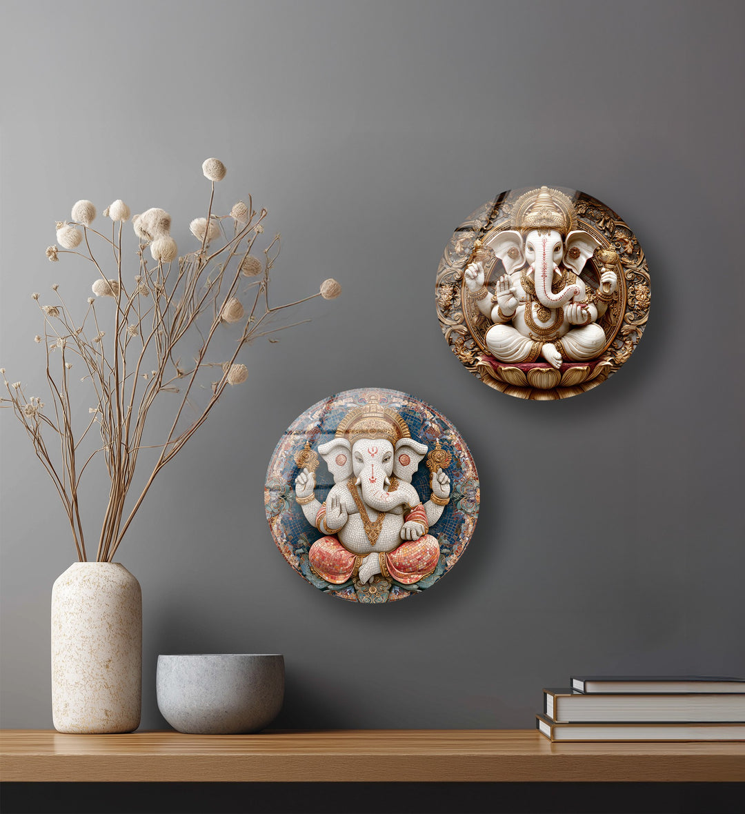 Divine Prosperity Trio – Lord Ganesha Round Glass Wall Art Set