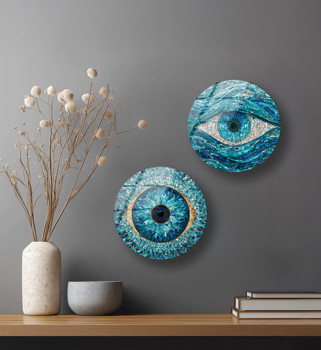 Blue Mosaic Protection Trio – Evil Eye Round Glass Wall Art Set
