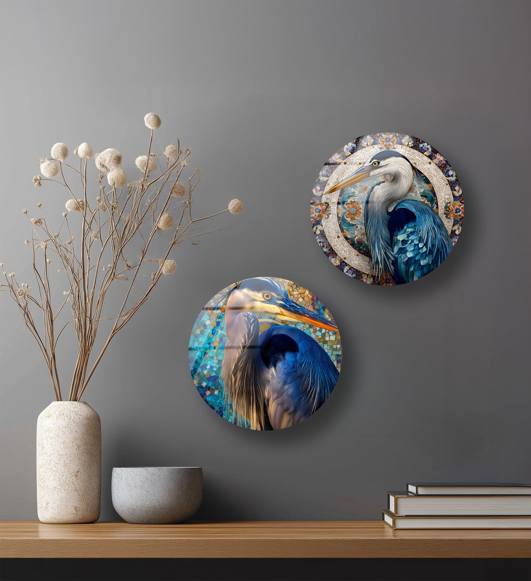 Oceanic Harmony Trio – Dolphin & Heron Mosaic Round Glass Wall Art Set