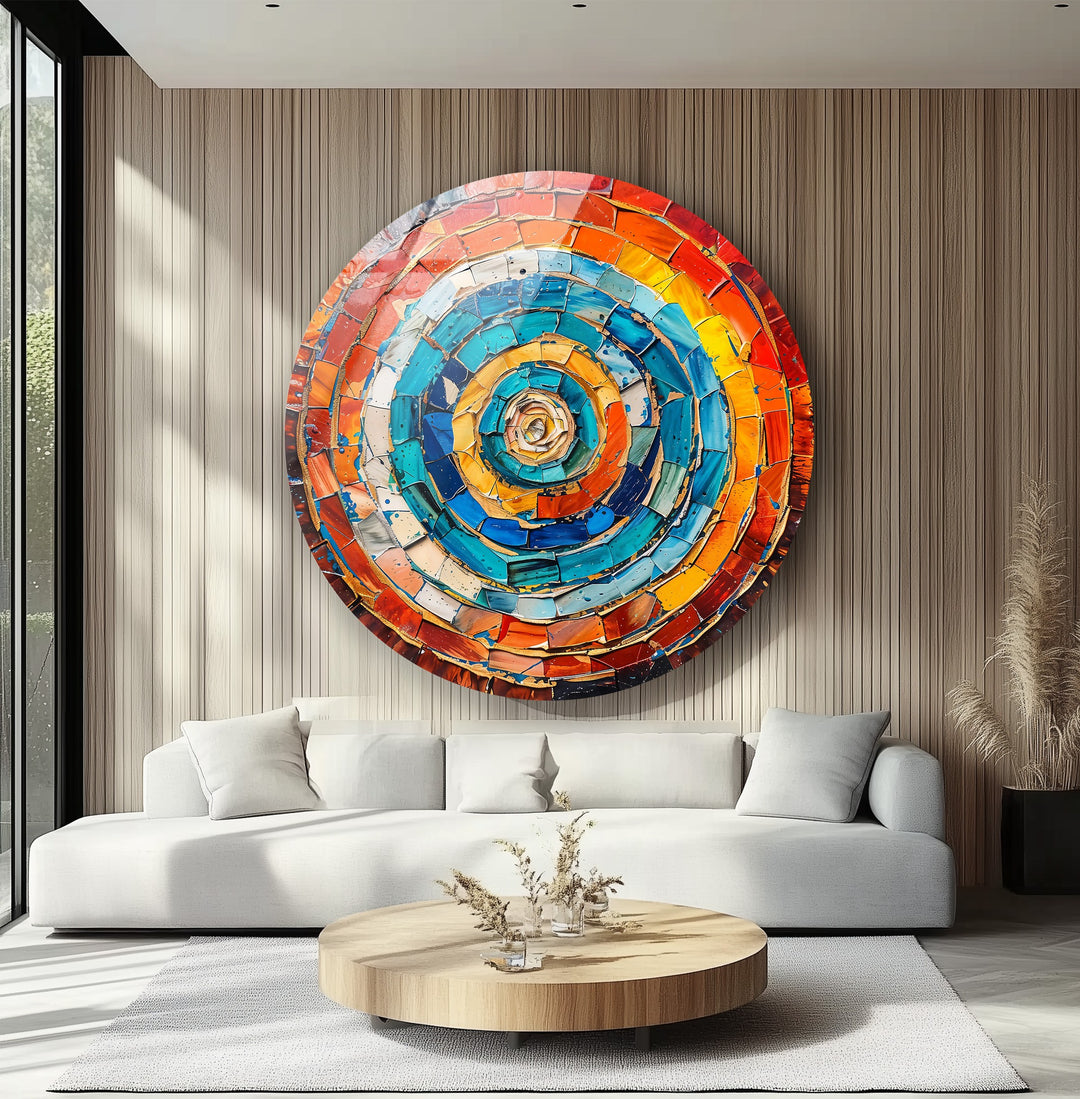 Radiant Vortex – Abstract Circular Mosaic Round Glass Wall Art