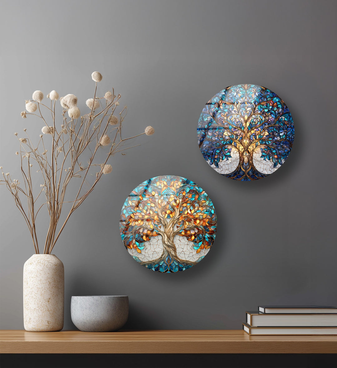 Golden Harmony Trees – Round Glass Wall Art Set