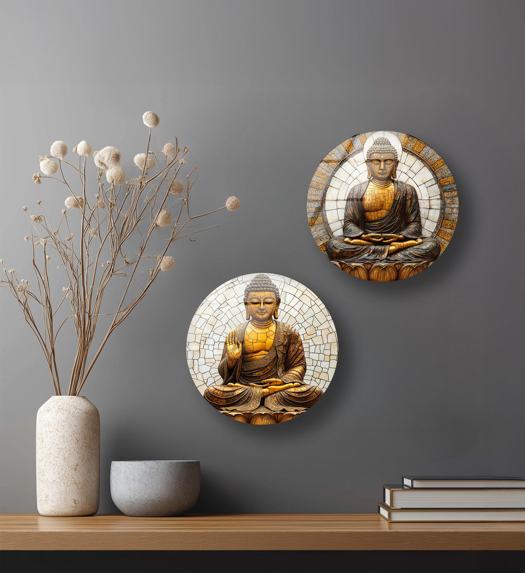 Serene Enlightenment Set – Buddha Mosaic Round Glass Wall Art Collection