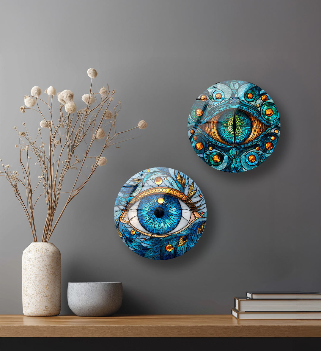 Mystic Vision Trio – Blue Evil Eye Mosaic Round Glass Wall Art Set