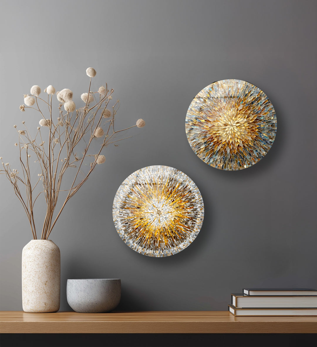Golden Radiance Quartet – Sunburst Mosaic Round Glass Wall Art Set